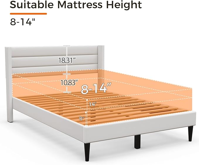 Casaottima Queen Bed Frame Upholstered Platform Bed with Wingback Headboard, Wooden Slats Support, Noise-Free Mattress Foundation, No Box Spring Needed, Easy Assembly, Horizontal Stripe Cream White