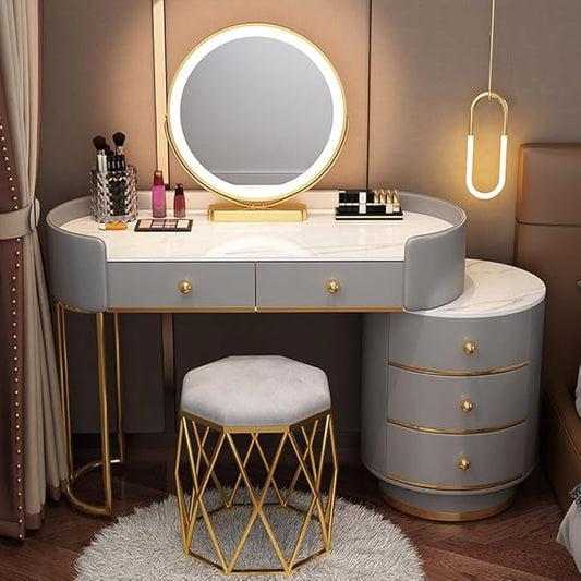 KWOKING Contemporary Make-up Vanity with Slate Stone Top & Storage Drawers Bedroom Dressing Table Storage Cabinet Integrated Table Gray White - Makeup Vanity & Mirror & Nest Stool 39"L x 16"W x 31"H
