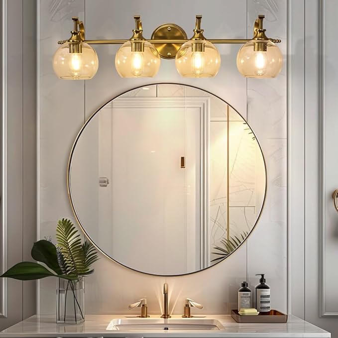 ANDY STAR Brass Vanity Light, Gold Bathroom Light Fixtures 4 Lights, 27.8 Inch Vintage Bathroom Sconces, Brushed Brass Vanity Lighting with Globe Clear Glass Shade, E26 Base (Bulbs Not Included)
