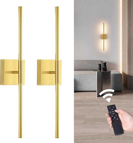 Battery Operated Wall Sconce Set of 2, 8000mAh Wireless Wall Sconces, 3000K-6000K Dimmable, 350°Rotate, Indoor Wall Lights for Bedroom Living Room Bathroom, Gold, 23.6 Inch