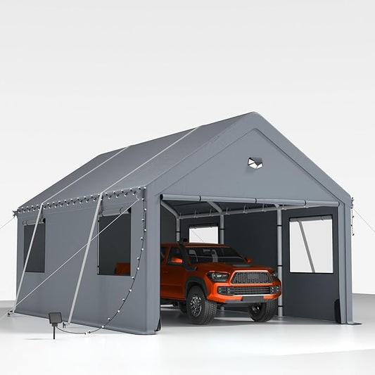 10x16FT Heavy Duty Carport Canopy,Extra Large Portable Car Tent Garage with Roll-up Windows and All-Season Tarp Cover,Removable Roof&Side Wall for Car, SUV,Boats&Truck Shelter Logic Storage