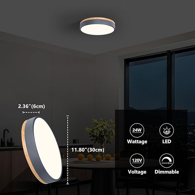 Modern Dimmable LED Close to Ceiling Light Minimalist Wood Oak Flush Mount Ceiling Light Fixture with Lampshade for Bedroom Living Room Bathroom Laundry Room (Grey-Dimmable, 11.8''/30cm)