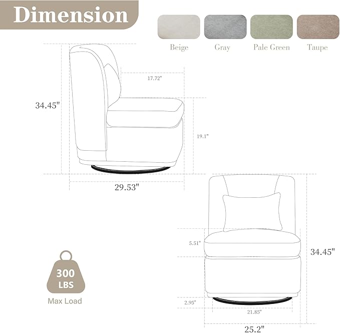 Chifee & Vingol 25.2 "W Chenille Armless Swivel Accent Chair Modern Upholstered Sofa Chair with Pillow, Green