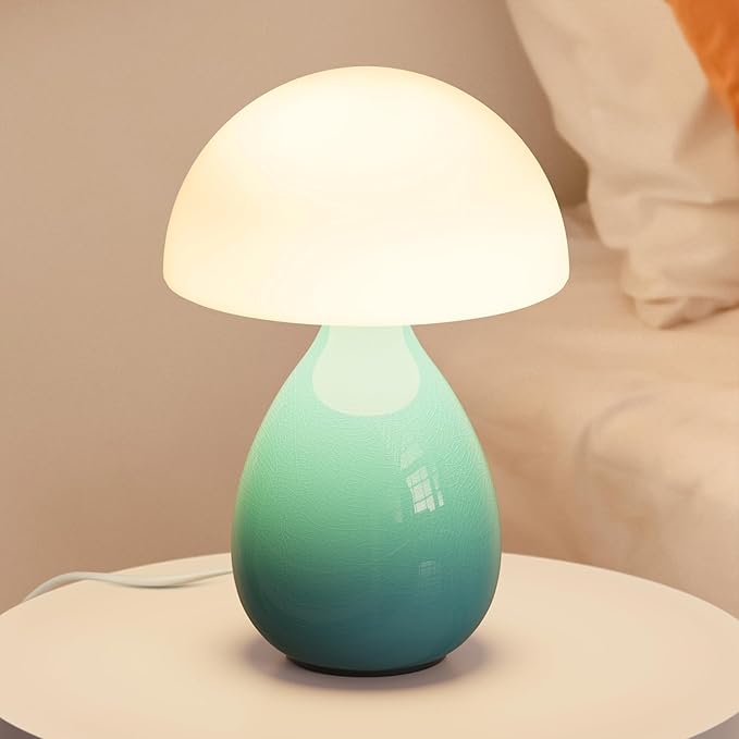 Mushroom Side Table Lamp, Mini Modern Lamp Small Vintage Table Bedside Nightstand Light, Small Light Dimmable for Bedroom, Living Room, Ceramic Base Glass Led Home Decor for Woman Gifts