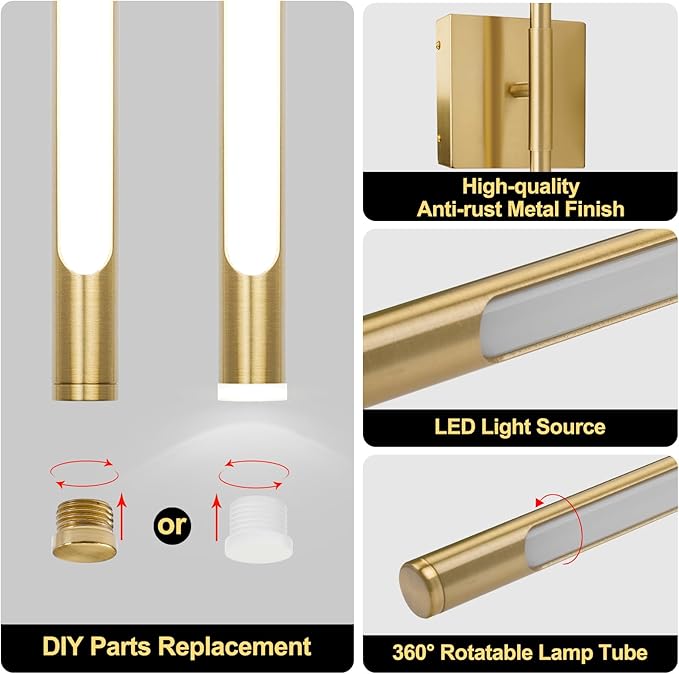 Battery Operated Wall Sconces Set of 2, Battery Wall Sconce with Remote Control, 350°Rotate, LED Rechargeable Sconces,3000K-6000K Wireless Wall Light for Bedroom, Living Room, Hallway(Gold,24Inch)