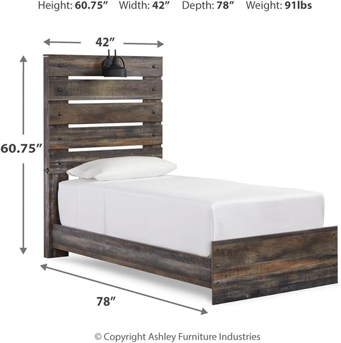 Signature Design by Ashley Drystan Rustic Twin Panel Bed with Sconce LED Lights, USB Ports and Nailheads, Foundation or Box Spring Needed, Dark Brown & Gray