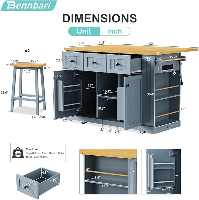 Rolling Kitchen Island with 2 Bar Stools, Kitchen Cart on Wheels with Drop Leaf, Mobile Kitchen Storage Cart with Power Outlet, 53 Inch Width (with 2 Bar Stools: Grey Blue)