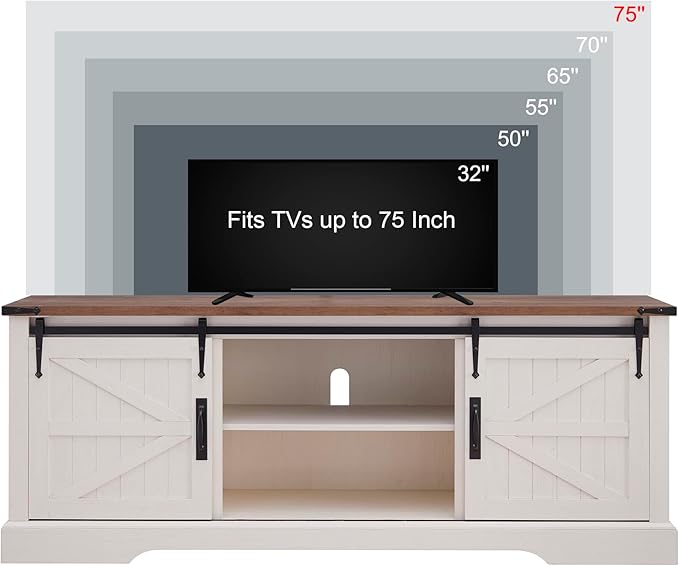 T4TREAM Farmhouse TV Stand for 75 Inch TV, Rustic Entertainment Center w/Sliding Barn Door, Large Media Console Cabinet w/Storage Shelves, Wood Television Stand for Living Room, Antique White