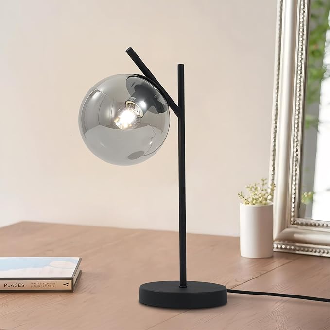Black Table Lamp Vintage Metal Desk Lamp Modern Smoke Gray Glass Globe Nightstand Lamp Nordic Bedside Lamp for Living Room Bedroom Office