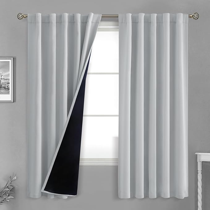 BGment Light Grey 100% Blackout Curtains 72 Inches Long with Reducing Noise Liner, Rod Pocket and Back Tab Double Layer Full Room Darkening Window Curtain for Bedroom, 2 Panels, Each 42 x 72 Inch