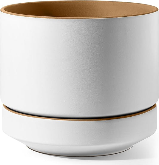 LE TAUCI 12 Inch Pot for Plants with Saucer, Ceramic Indoor Planter Pot with Drainage Hole, Mesh Pad & Plug Included, Matte Glazed Outside, Modern for Home and Office, Alpine White & Ochre