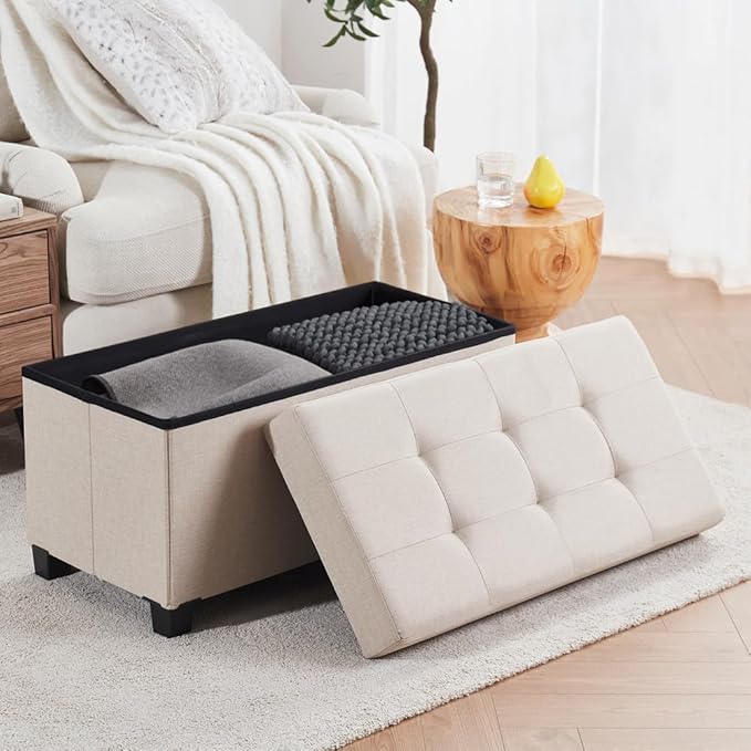 Ornavo Home 30 Inch Storage Ottoman, Large Storage Bench, Ottoman with Storage with Legs, Foot Rest Stool, Bedroom Bench - Beige