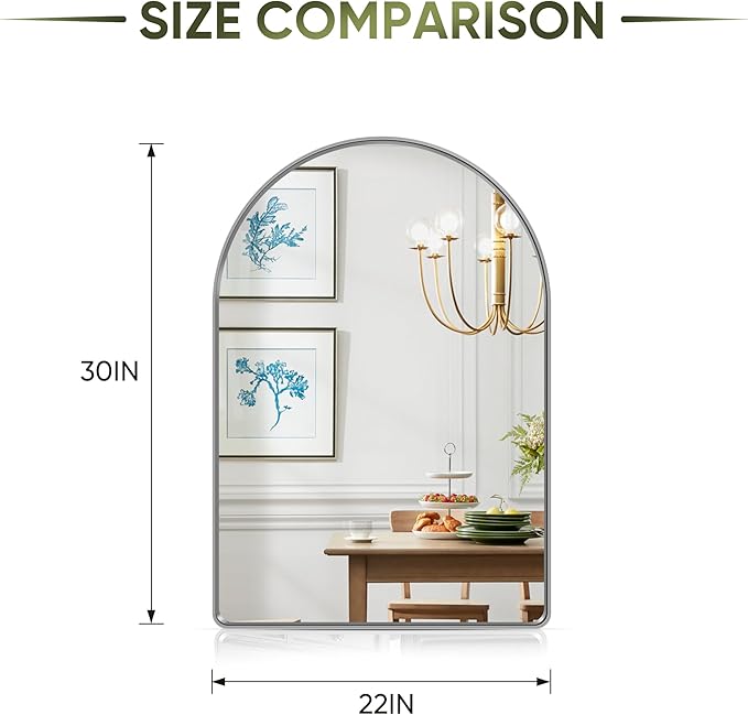 Suidia 22" x 30" Bathroom Mirror, Bathroom Vanity Mirror Metal Framed, Wall-Mounted Mirrors for Bedroom, Living Room, Entryway, Hallway, Silver, Arch Style