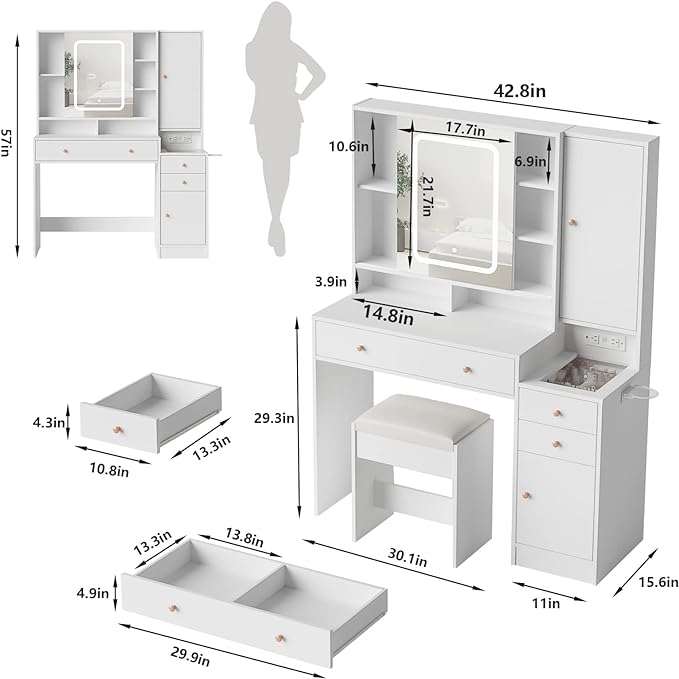 Vabches White Vanity Desk with Mirror and Lights, Vanity Table Makeup Vanity with Lights 3 Drawers and Cabinets, Charging Station & Sliding Door, Lots Storage Shelves