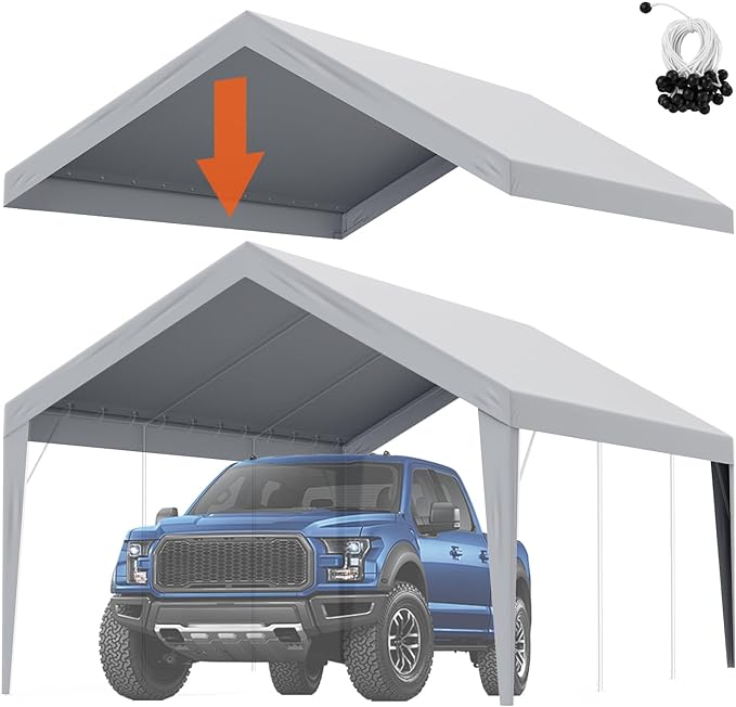 VEVOR Carport Replacement Canopy Cover 12 x 20 ft, Garage Top Tent Shelter Tarp Heavy-Duty Waterproof & UV Protected, Easy Installation with Ball Bungees,Grey (Only Top Cover, Frame Not Include)