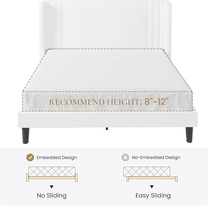 SHA CERLIN Full Size Velvet Upholstered Platform Bed Frame with Vertical Channel Tufted Wingback Headboard, Wooden Slats Support, Easy Assembly, Under Bed Storage, No Box Spring Required, White