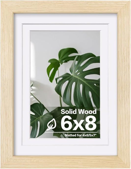 Egofine 6x8 Picture Frame Made of Solid Wood with Plexiglass, Display Pictures 4x6/5x7 with Mat or 6x8 Without Mat for Tabletop and Wall Mounting, Oak Wood