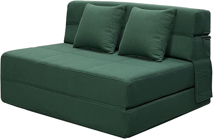 ANONER Fold Out Couch Bed Memory Foam Sleeper Chair with 2 Pillows, Queen Size Futon Couch Guest Convertible Chair Bed, Washable Cover, Dark Green