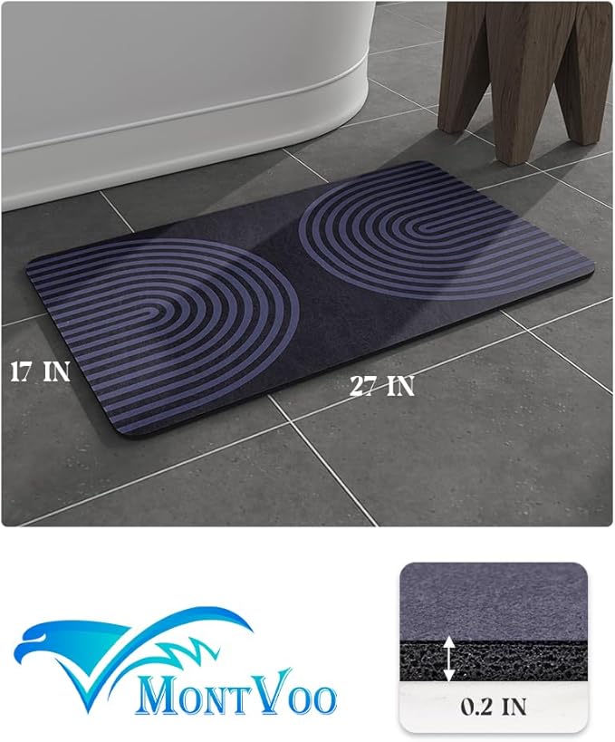 MontVoo -Bath Mat-Non Slip Thin Bathroom Rugs Fit Under Door- Quick Dry Absorbent Faux Suede Surface Grey Bathroom Floor Mats-Shower Rug for in Front of Bathtub Shower Blue Arched 17x27.5