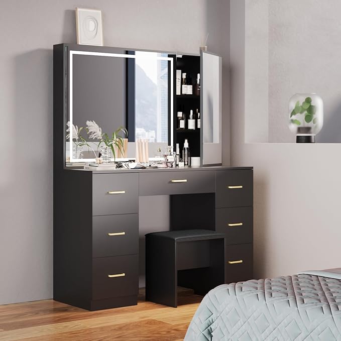 Makeup Vanity Desk with Large Mirror and LED Lights,Vanity Stool&Storage Bench,White Vanity with Hidden Storage Mirror Cabinet&7 Drawers,Makeup Organizer Countertop for Room (Black)