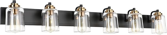 SOLFART Bathroom Vanity Light Black and Brass Bathroom Light fixtures Durable Glass Globe Vintage Stylish Lighting 6 Lights(8580)