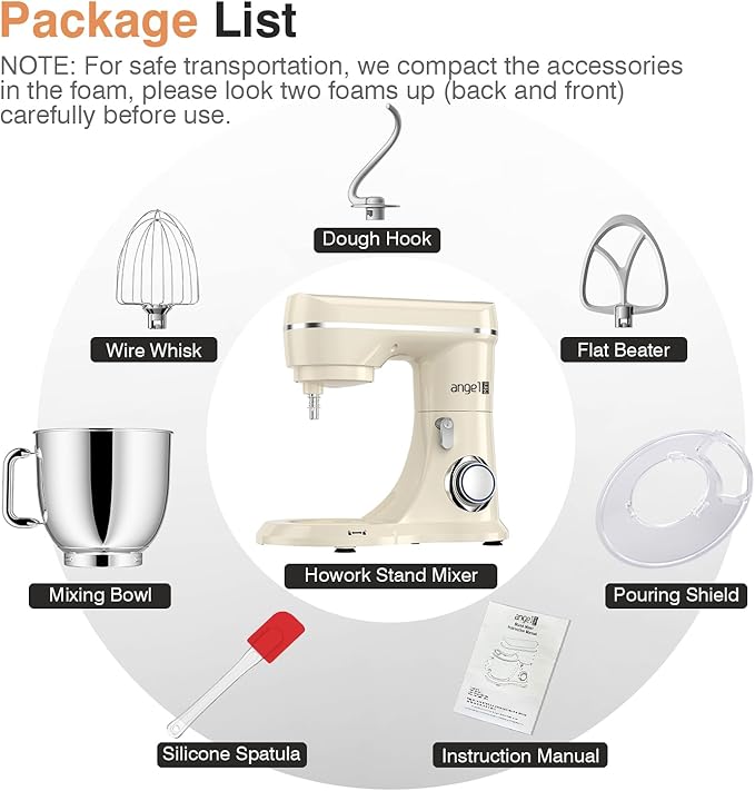 Mini Angel Stand Mixer,10-Speed Kitchen Electric Mixer,Tilt-Head Food Mixer with Dough Hook, Wire Whisk, Flat Beater, Stainless Steel Bowl (White2, 5QT)