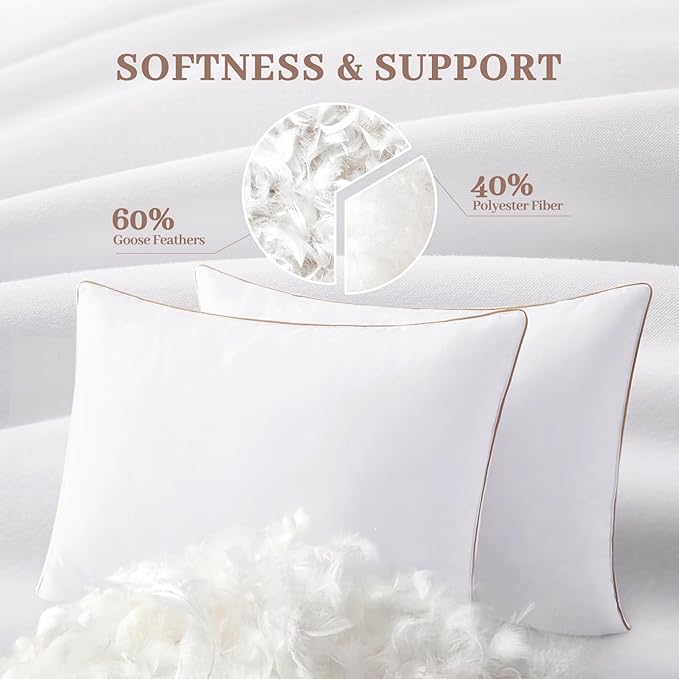 Bafode Goose Feather Pillows, Bed Pillows, Standard Size Set of 2, Hotel Pillows for Sleeping, White Pillows Soft Down Alternative Pillows 20x26
