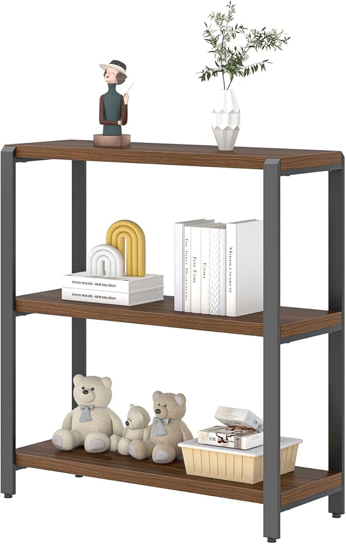 FOLUBAN Small Bookshelf and Bookcase, 3 Tier Low Short Book Shelf, Industrial Metal and Wood Book Case for Living Room Bedroom, Rustic Walnut