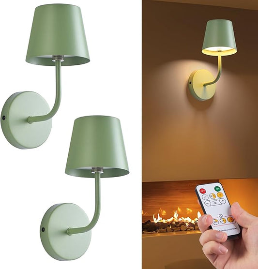 LED Wireless Wall Lamp Set of 2, with 5600mAh Rechargeable Battery Powered Wall Sconces, Touch for Remote Control Infinite Dimming Be Used for Bedroom Mirror Living Room Wall Painting(Green)