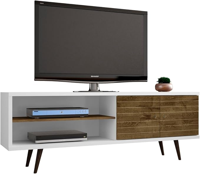 Manhattan Comfort Liberty Collection Mid Century Modern TV Stand With One Cabinet and Two Open Shelves With Splayed Legs, Wood/White, Medium, Model Number: 201AMC69