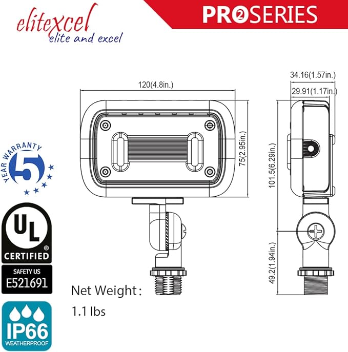 Backyard Lights Outdoor Security, EliteXcel Gen2 15W UL Listed Landscape Lights, 1500Lumen LED Flood Flagpole Light Outdoor Waterproof, 5000K Daylight, 1/2" Knuckle Mount, 120-277V and 5 Year Warranty