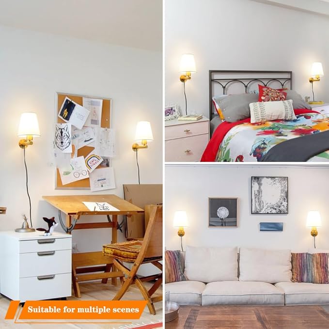 Gold Plug in Wall Sconces Set of Two, Brass Wall Sconce Lights for Bedroom Plug in, Wall Lamp with On/Off Switch Cord, Bedside Plugged Wall Mounted Light with Fabric Linen, Wall Decor for Living Room