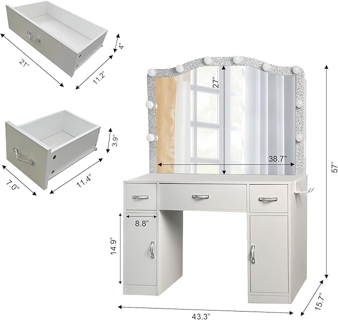 Vanity Desk with Mirror and Lights, Diamond Vanity Mirror with Lights, Makeup Table with Drawers, Cabinets and Power Outlet, 10 Lights 3 Color Lighting Modes, Adjustable Brightness, White