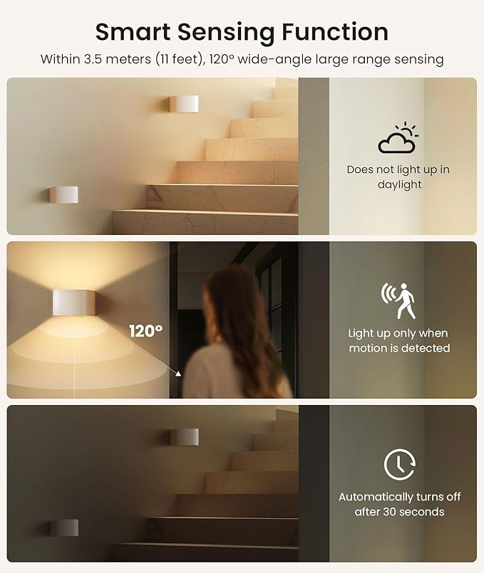 FULEN Motion Sensor Wall Light with Remote Control 3 Colors Wireless Wall Sconces LED Indoor Up and Down Wall Lamp 5000mAh Rechargeable Battery Powered Wall Lamps Brightness Adjustable, White 2 Pack