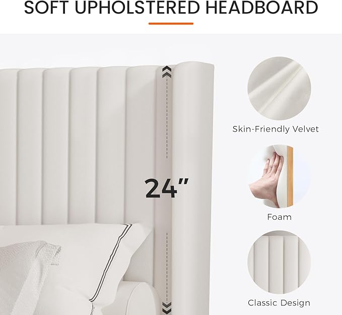Casaottima Queen Bed Frame Upholstered Platform Bed with Wingback Headboard, Wooden Slats Support, Noise-Free Mattress Foundation, No Box Spring Needed, Easy Assembly, Vertical Stripe Cream White