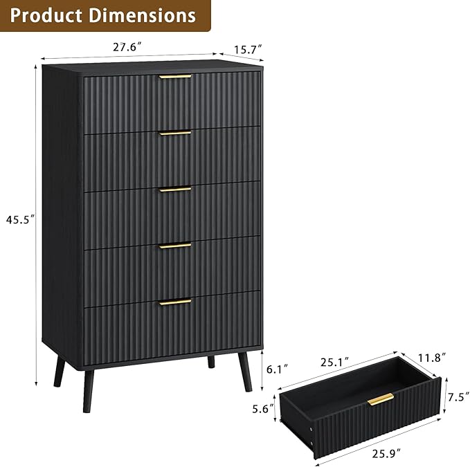 CARPETNAL Fluted 5 Drawers Dresser for Bedroom, 45”Tall Modern Chest of Drawers with Deep Drawers,Curved Profile Design, Wood Drawer Organizer for Living Room, Black