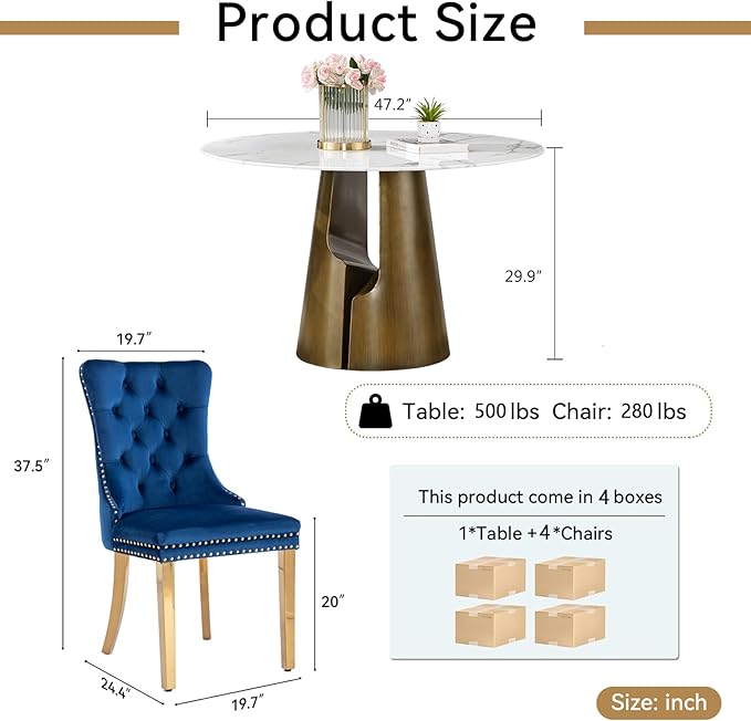 5-Piece Faux Marble Round Dining Table Set for 4, Modern Luxury Kitchen Table Set for 4 with Blue Tufted Chairs,Circle Dining Tables with White Marble Grain Top and Bronze Pedestal Base