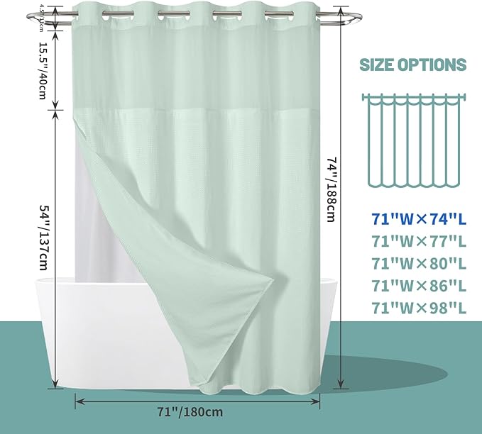 MintGreen No Hook Waffle Weave Shower Curtain with snap-in Liner Replacement, 230GSM Waterproof Fabric Hotel Shower Curtain Set for Bathroom, Through Mesh Top Window,71Wx74H