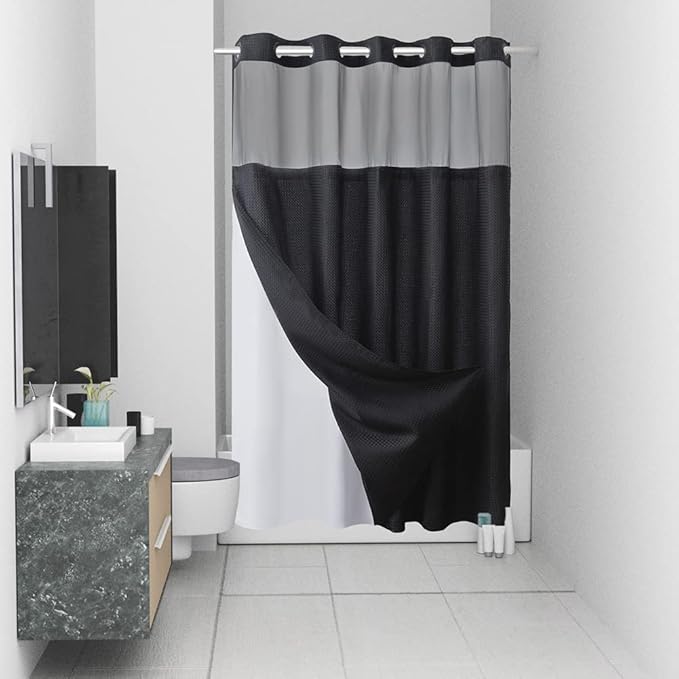 No Hook Waffle Weave Shower Curtain with Snap in Liner Set,Heavy Duty Fabric Textured Bathroom Curtain with Sheer Window,Waterproof & Machine Washable,Black,Stall Size 54x80 Inch