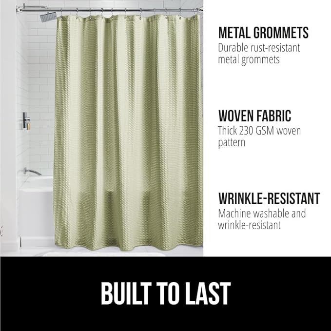 GORILLA GRIP Waffle Shower Curtain, Thick Weighted Fabric, Wrinkle and Rust Resistant, Classic Hotel Quality Design, Heavy Duty Long Curtains for Bathroom Showers, Bath Tubs, Machine Wash, 72x72, Sage