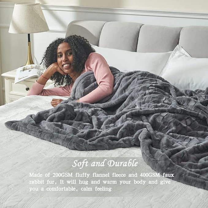 Krifey Oversized Faux Fur Blanket, Super Soft Cozy Blanket, Luxury Fluffy Throw Blanket Fuzzy Bed Throw Gray 60" x 80"