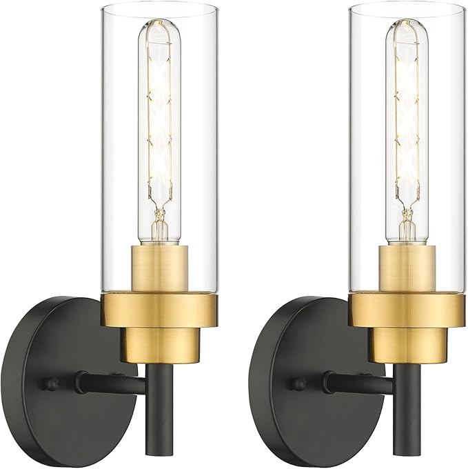 Emak Black and Gold Sconces Wall Decor Set of 2, Bathroom Vanity Light with Clear Glass Shade, Modern Wall Sconce for Bathroom, Bedroom, Living Room, Hallway, WS085-BKBGD-2PK