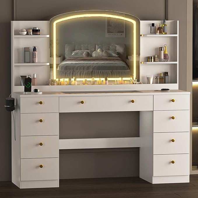 Makeup Vanity Desk with Mirror, Makeup Vanity with Power Outlet, 55" Large Vanity with 9 Drawers & Storage Shelves for Bedroom, White