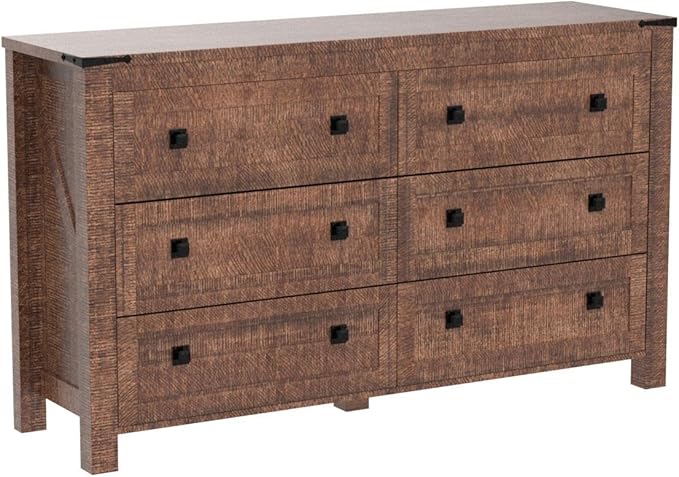 T4TREAM Farmhouse 6 Drawers Dresser for Bedroom, Wood Rustic Wide Chest of Drawers, Storage Dressers Organizer for Bedroom, Living Room, Hallway, Reclaimed Barnwood Color