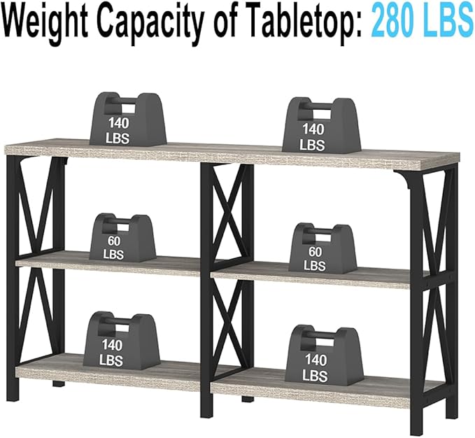 IBF Sofa Table, Modern Metal Wood 3 Tier Entryway Table, Industrial Console Table with Storage Shelves, Foyer Hallway Couch Table Behind Sofa for Living Room, Long Horizontal Bookshelf, Grey Oak, 55in