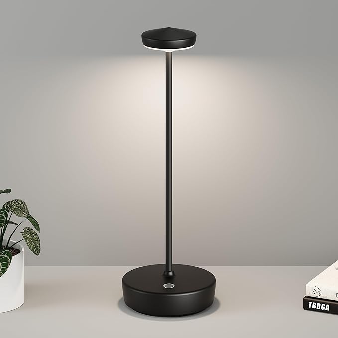 Cordless Table Lamp Rechargeable - LED Battery Table Light with 3 Color Temperatures, Stepless Dimming, Waterproof Aluminum for Indoor Outdoor, Patio, Restaurant, Dinner (Black)