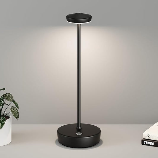 Cordless Table Lamp Rechargeable - LED Battery Table Light with 3 Color Temperatures, Stepless Dimming, Waterproof Aluminum for Indoor Outdoor, Patio, Restaurant, Dinner (Black)