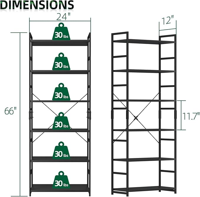 OTK 6 Tier Adjustable Bookshelf, Tall Bookcase, Office Shelf Storage Organizer, Modern Book Shelf for Living Room, Bedroom, and Home Office, Black