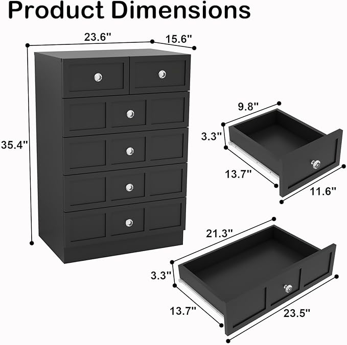 Wood Dresser for Bedroom 6 Drawer: 24" Black Chest of Drawers Wood, Modern Fluted Cabinet with Sturdy Storage, Wide Aesthetic Furniture for Room Organization