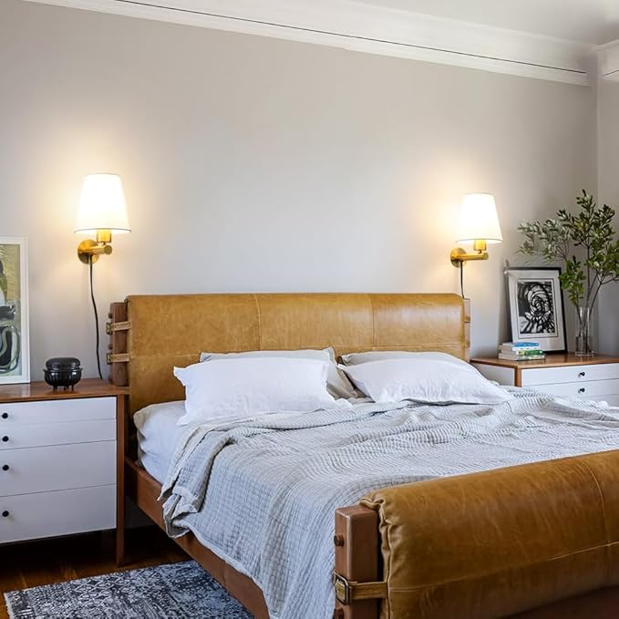 Gold Plug in Wall Sconces Set of Two, Brass Wall Sconce Lights for Bedroom Plug in, Wall Lamp with On/Off Switch Cord, Bedside Plugged Wall Mounted Light with Fabric Linen, Wall Decor for Living Room